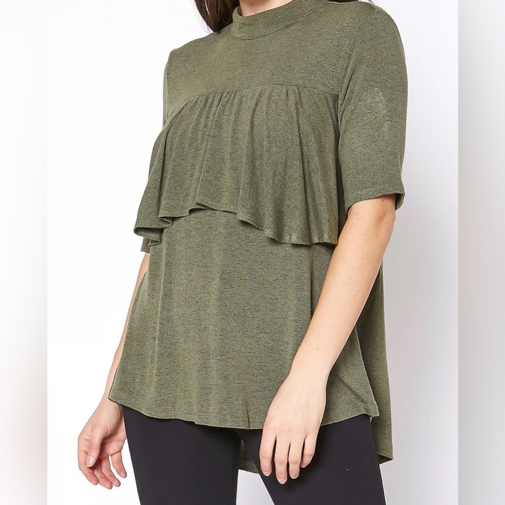 RO & DE Anthropologie Short Sleeve Top Mock Neck Olive Green SZ M